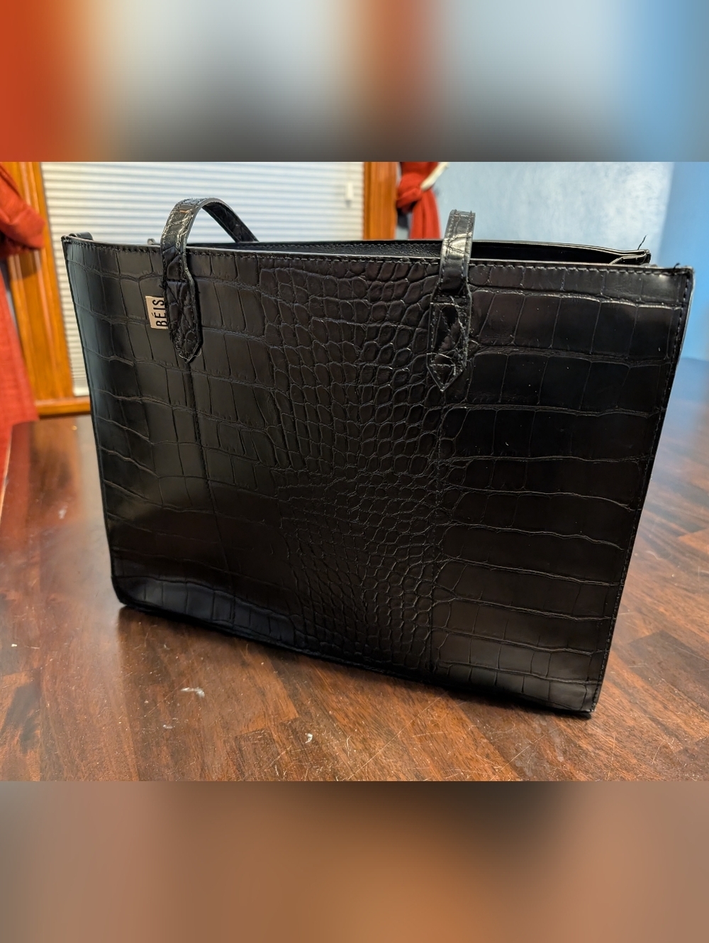 BEIS Black Croc-Embossed Laptop Travel Tote